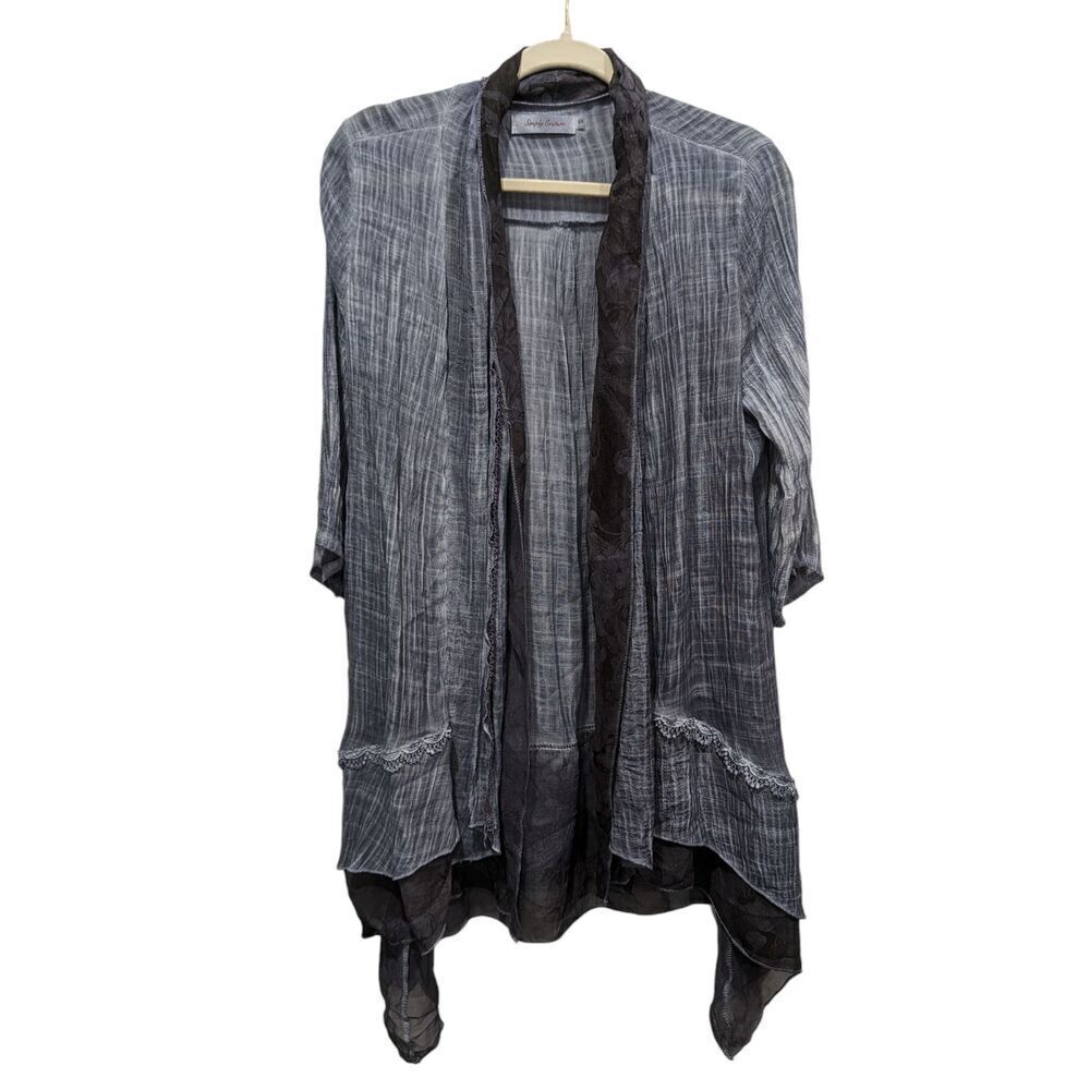 Simply Couture Blue Striated Crinkled Layered Sheer Gauze Long Open Cardigan, S